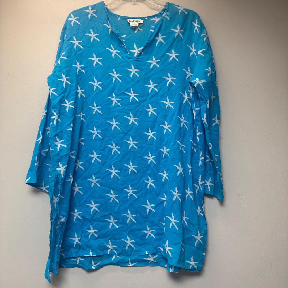 Lexi York Tunic Top Womens L Blue Fair Starfish Print Cotton Beach Coverup 13138
